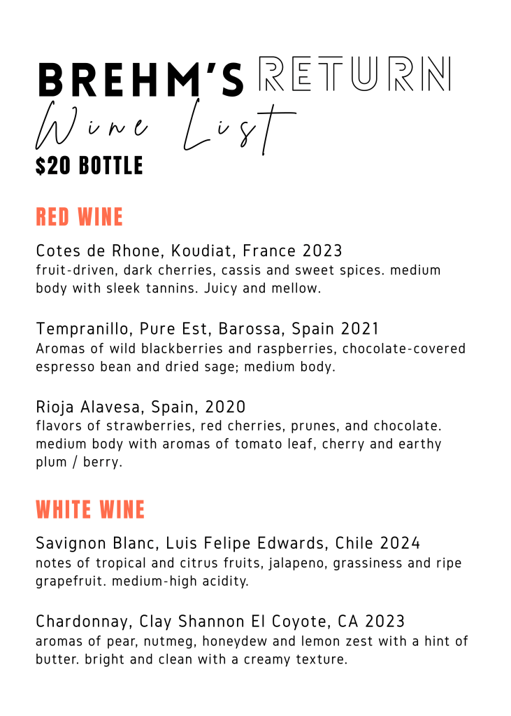 Wine List at Brehm's Return, a dive bar and restaurant in the Troy Hill neighborhood