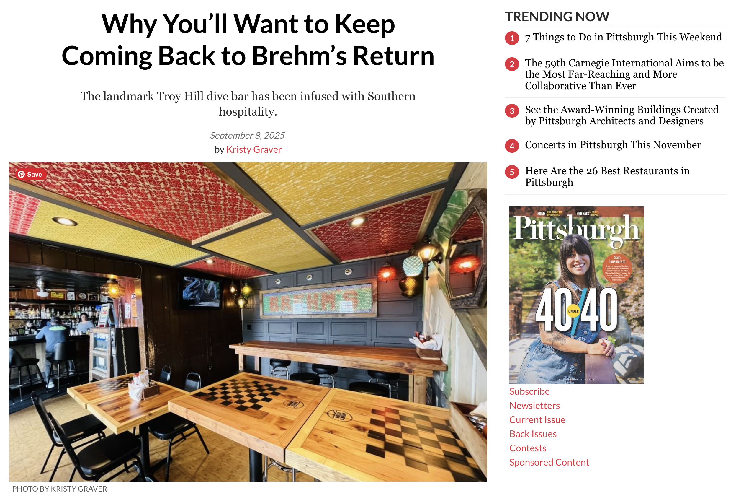 An article in Pittsburgh Magazine about Brehm's Return, a dive bar and restaurant in the Troy Hill neighborhood