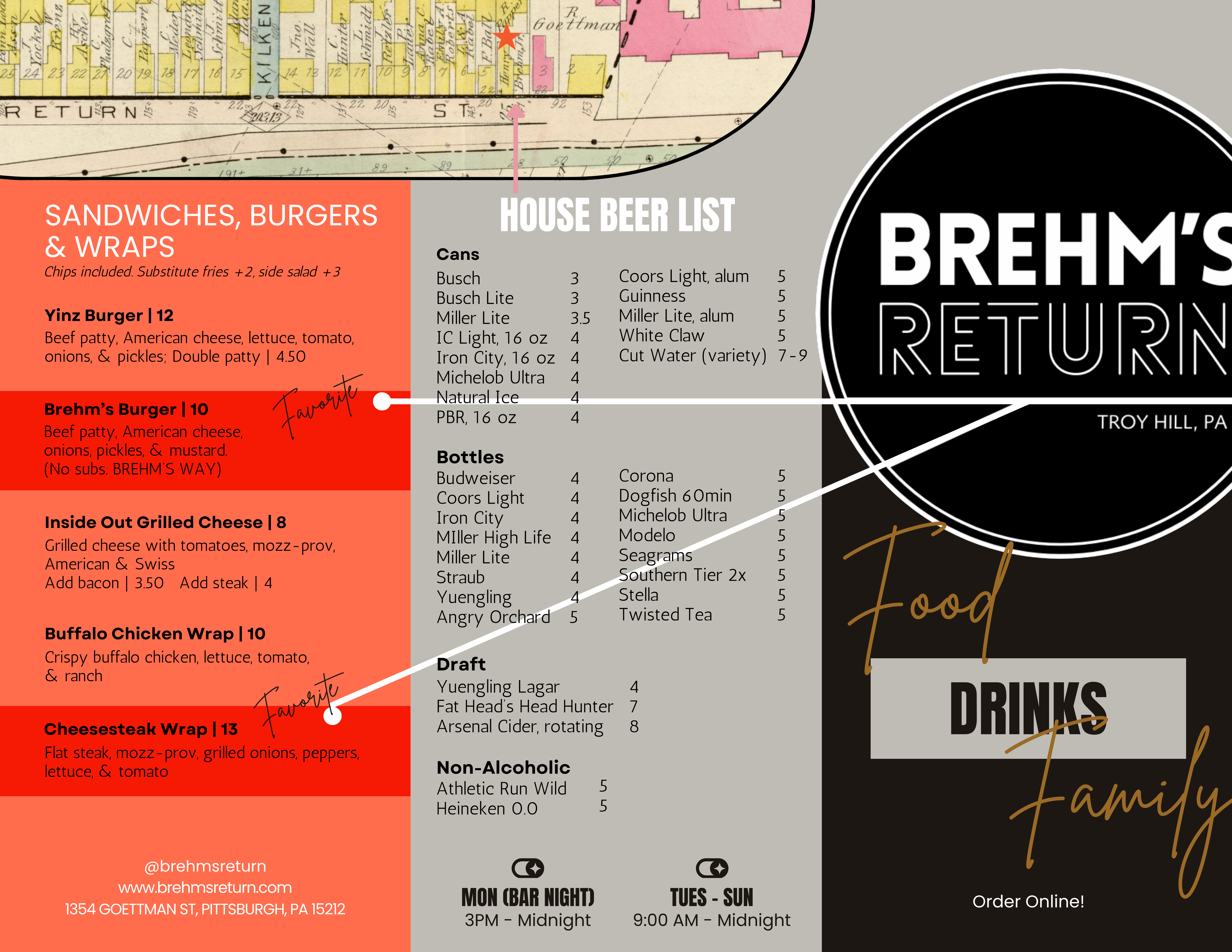 Food menu for Brehm's Return, a neighborhood bar and grill in the Troy Hill neighborhood