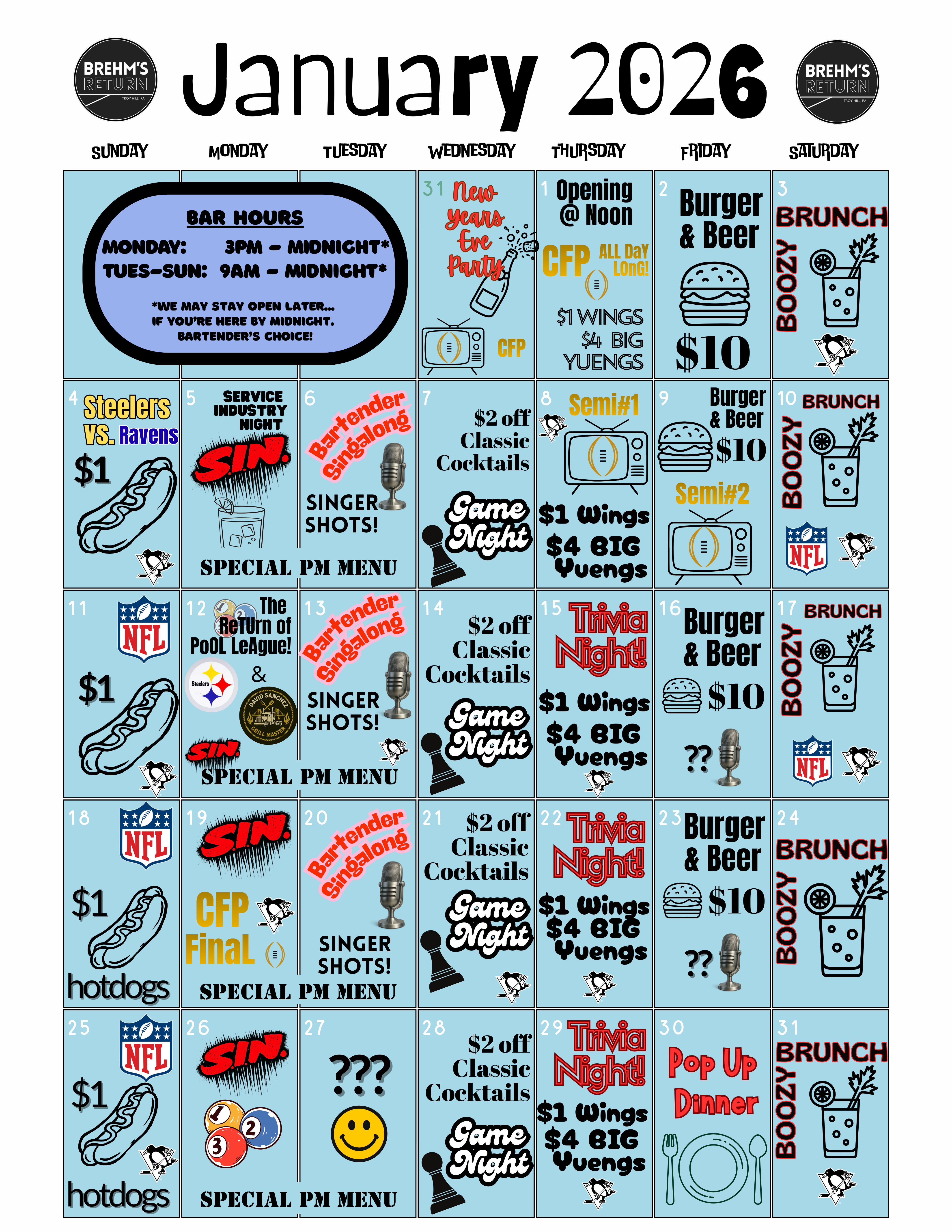 Monthly Event Schedule for Brehm's Return, a dive bar and restaurant in the Troy Hill neighborhood